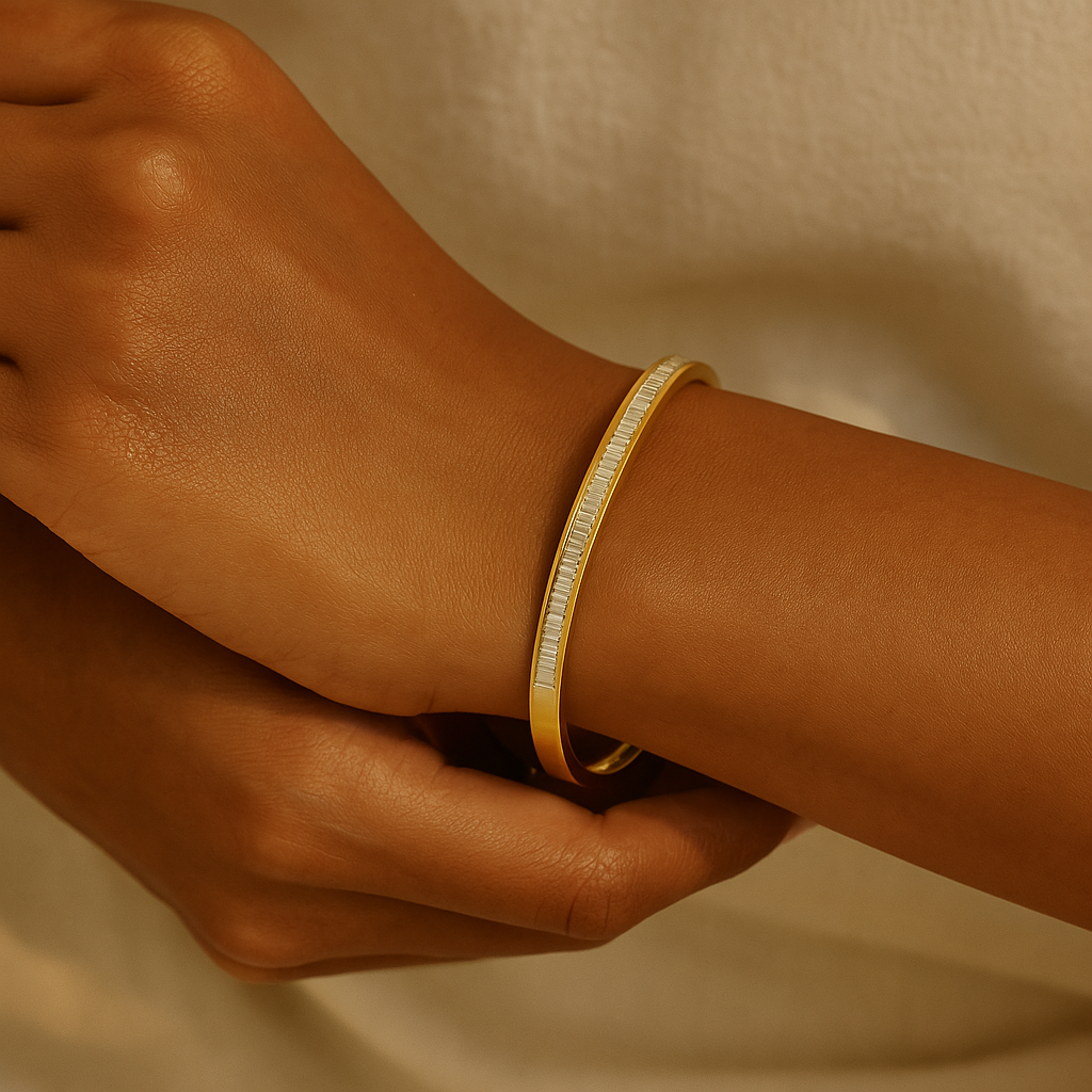 Sleek Studded Baguette 18K Gold Plated Bangle