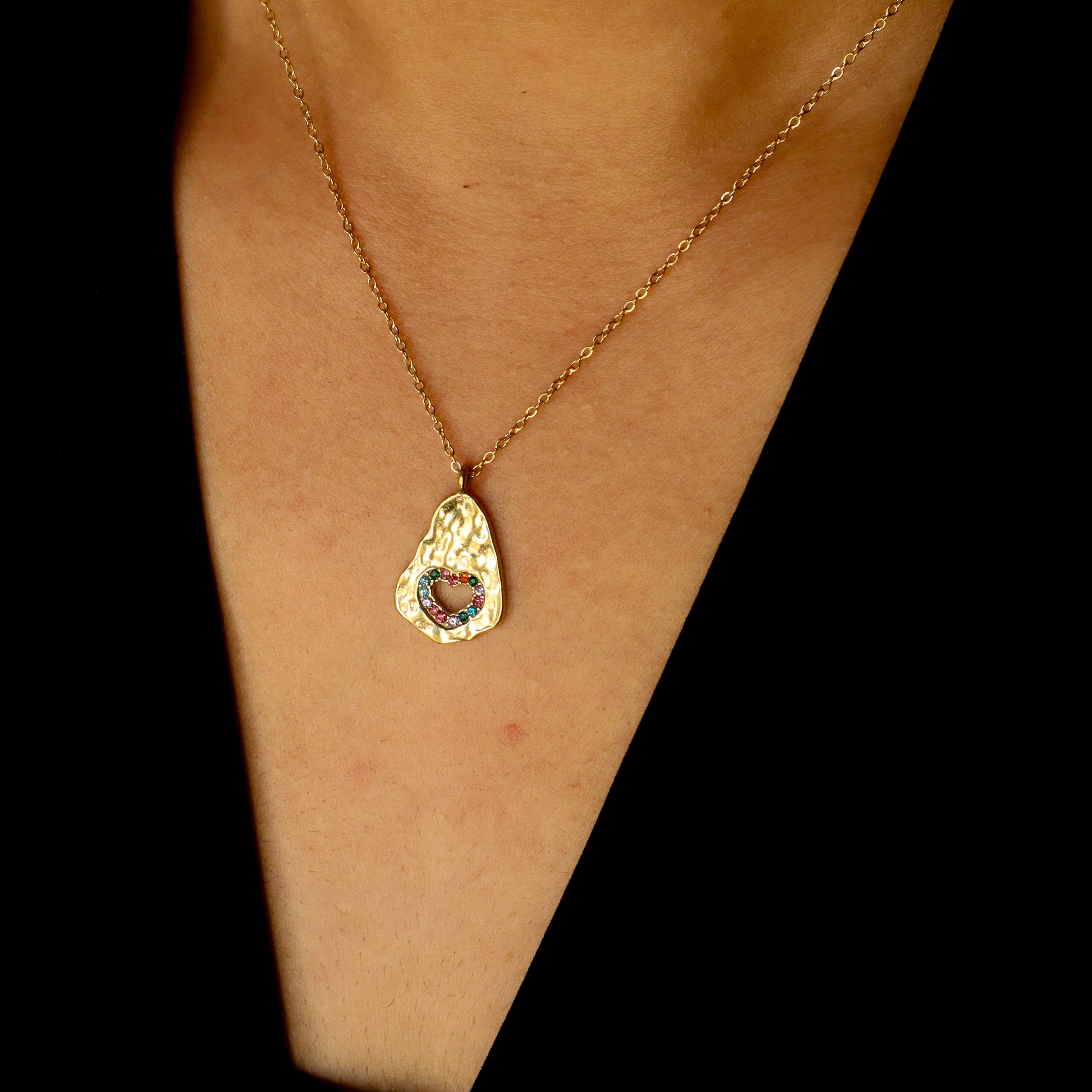 Heart on Hammered Metal 18K Gold Plated Necklace
