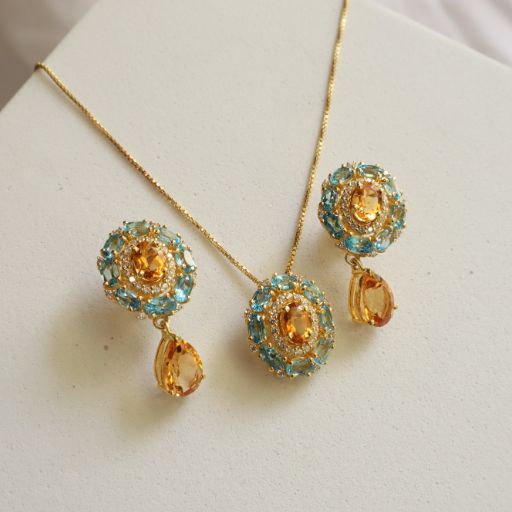 Adaya Blue Topaz and Citrine Earrings and Necklace Set