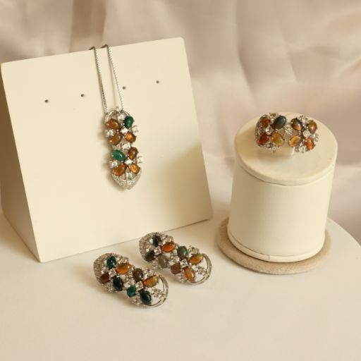 Vera Black Opal Necklace Earring Ring Set