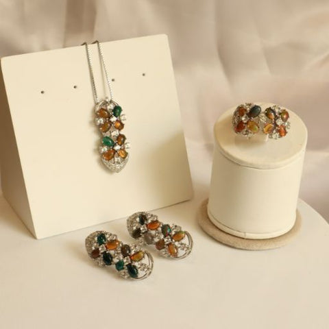 Vera Black Opal Necklace Earring Ring Set