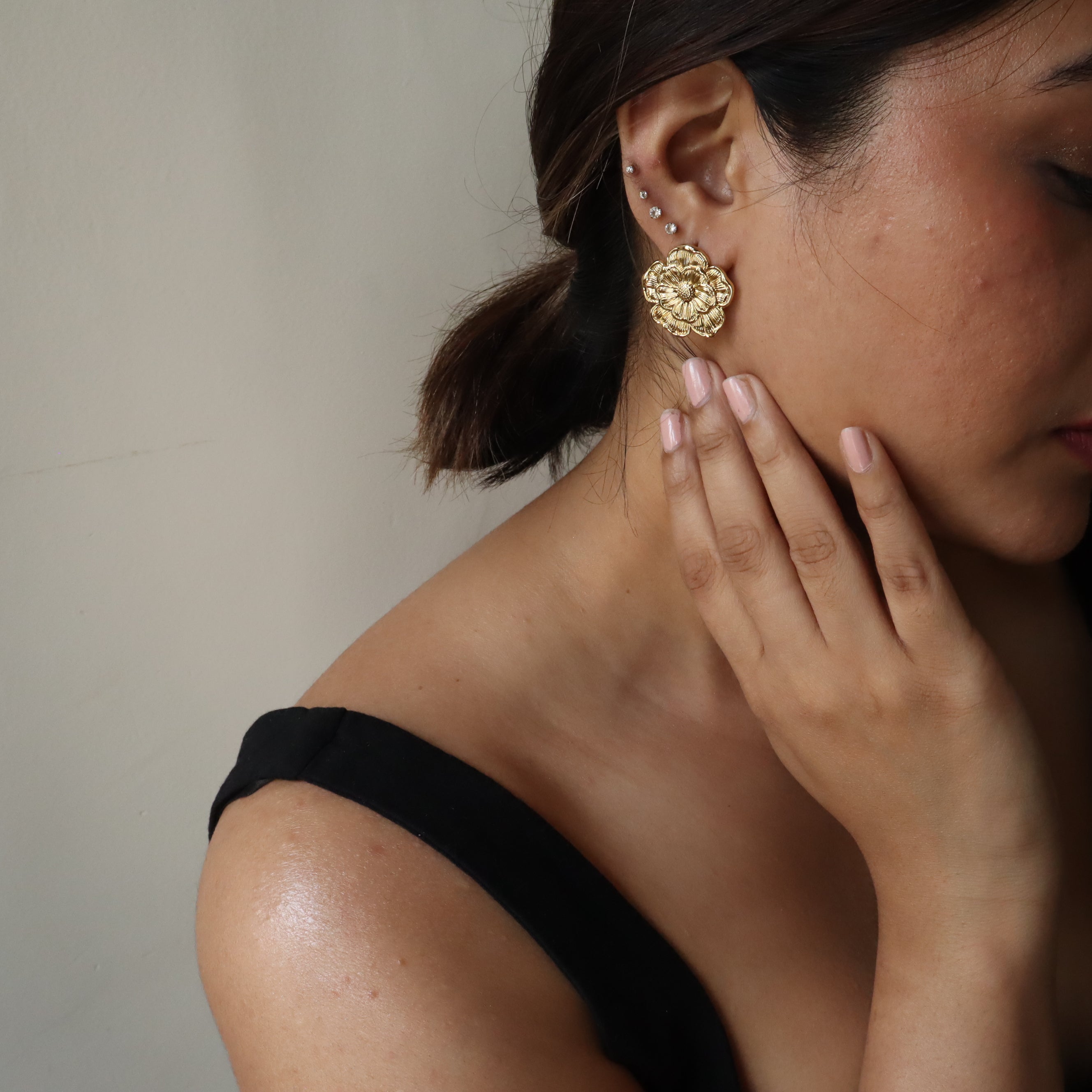 Big Flower Engraved 18K Gold Plated Earrings