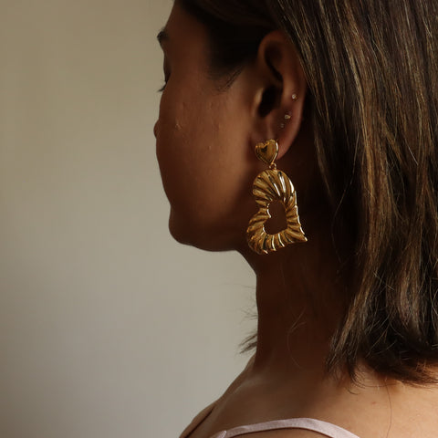 Big Geometric Heart 18K Gold Plated Dangler Earrings
