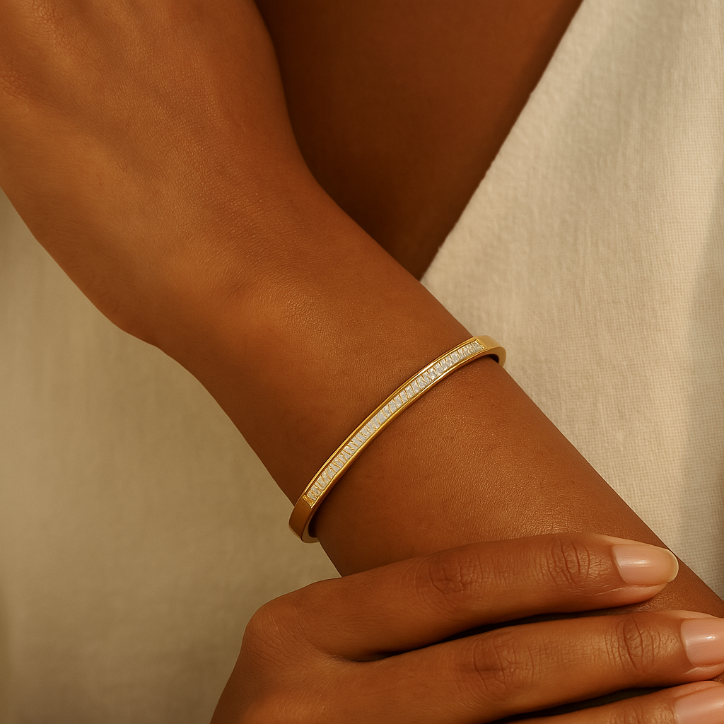 Sleek Studded Baguette 18K Gold Plated Bangle
